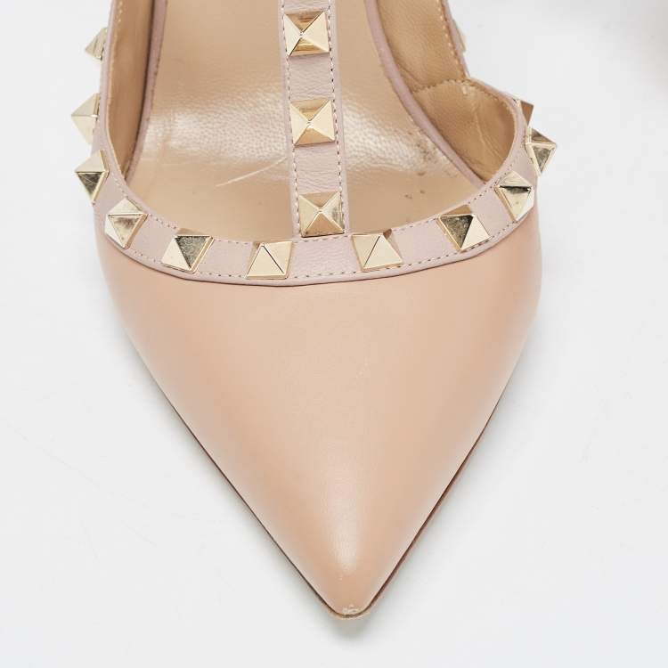Pre Owned Valentino Beige Leather Rockstud Ankle Strap Pumps Size 39.5