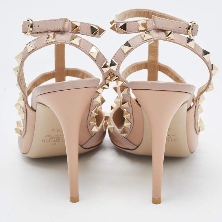 Pre Owned Valentino Beige Leather Rockstud Ankle Strap Pumps Size 39.5