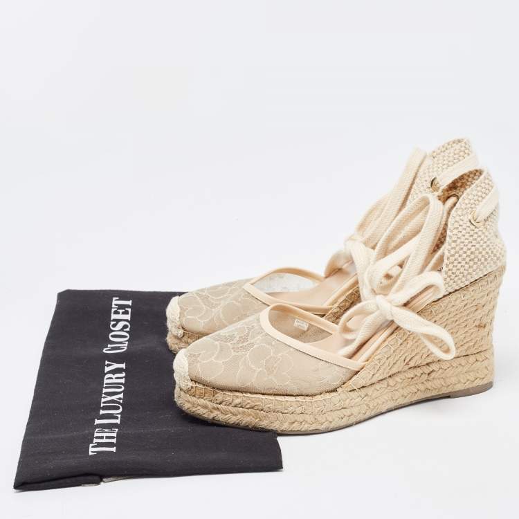 Pre Owned Valentino Beige Lace and Knit Fabric Espadrille Wedge Ankle Tie Pumps Size 39
