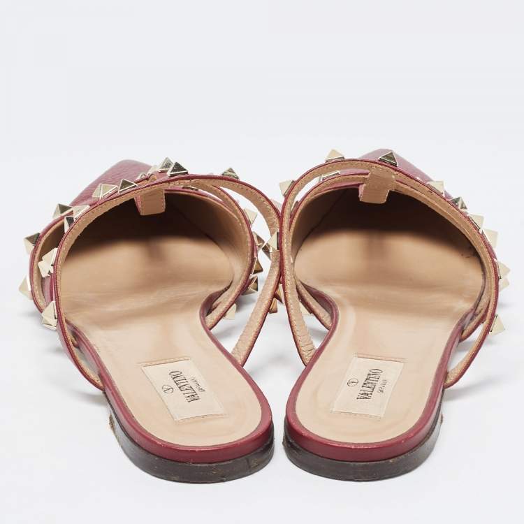 Pre Owned Valentino Burgundy Leather Rockstud  Flat Mules Size 38