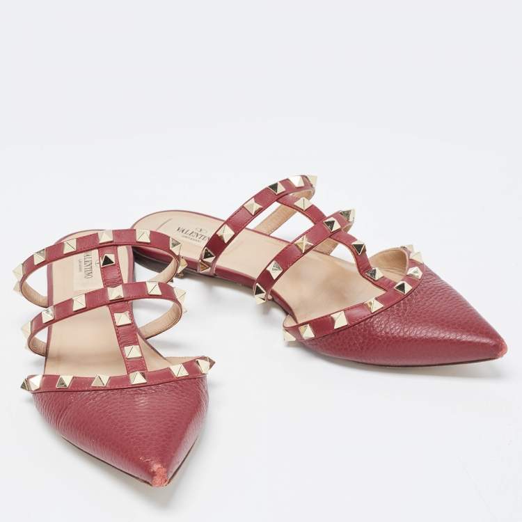 Pre Owned Valentino Burgundy Leather Rockstud  Flat Mules Size 38