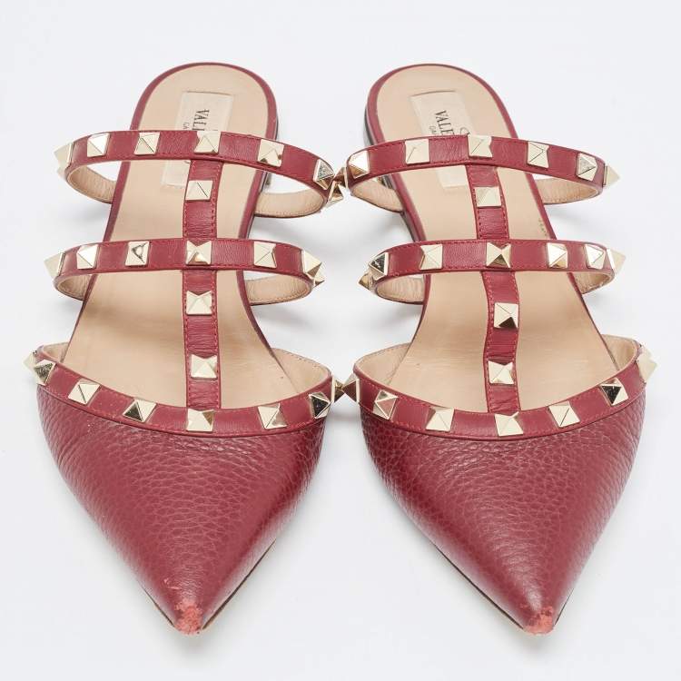 Pre Owned Valentino Burgundy Leather Rockstud  Flat Mules Size 38