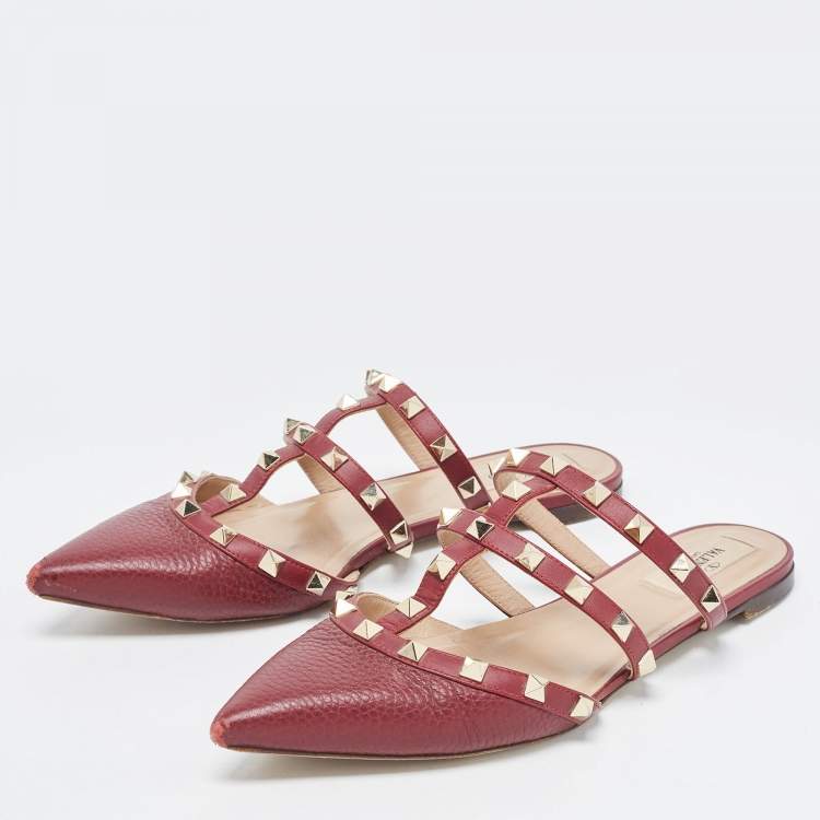 Pre Owned Valentino Burgundy Leather Rockstud  Flat Mules Size 38