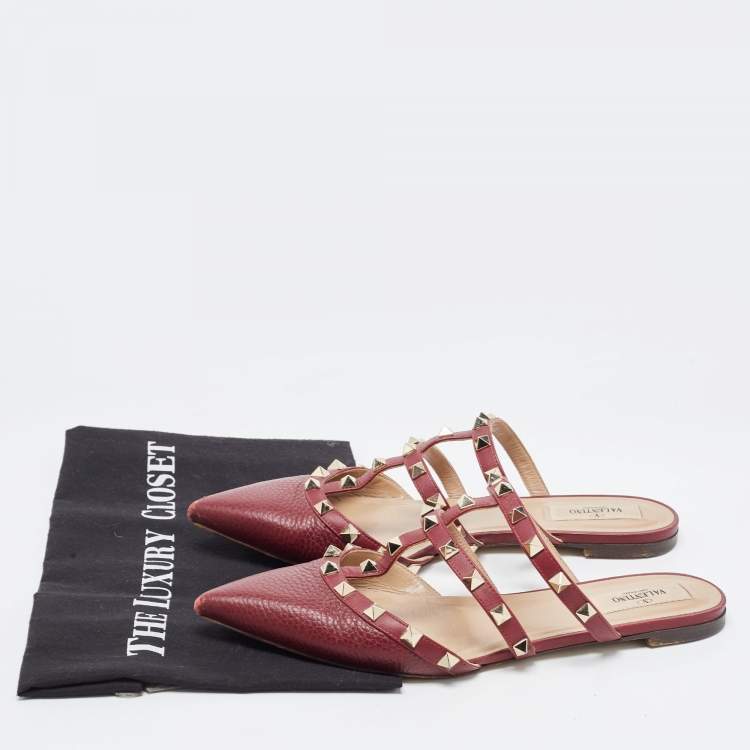 Pre Owned Valentino Burgundy Leather Rockstud  Flat Mules Size 38