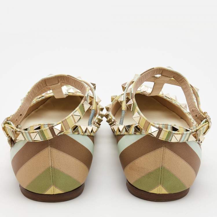 Pre Owned Valentino Multicolor Leather Rockstud Strappy Ballet Flats Size 42