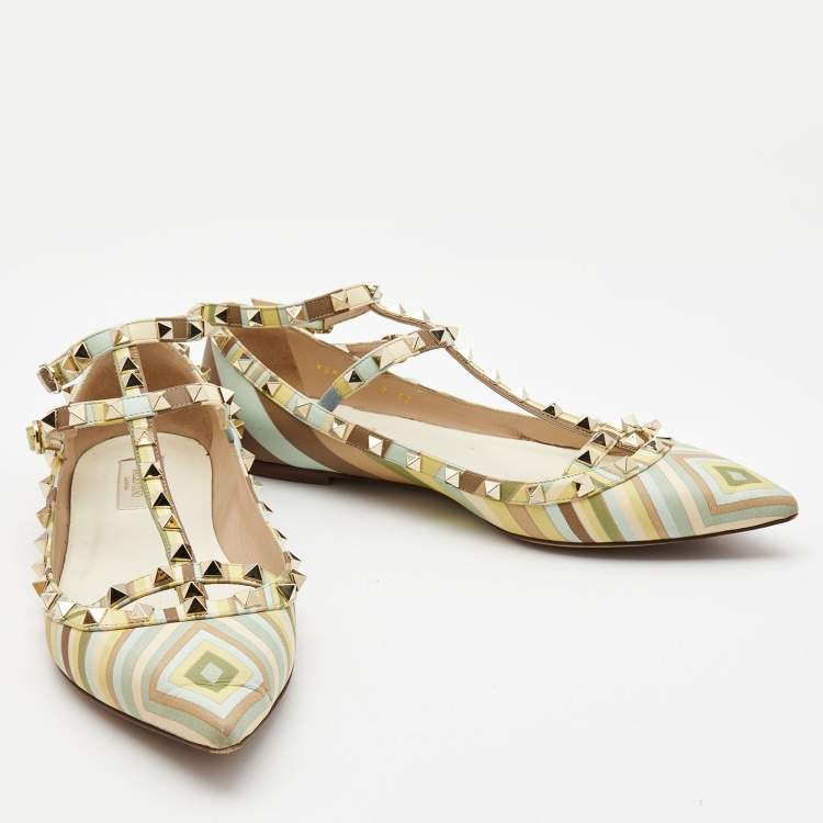 Pre Owned Valentino Multicolor Leather Rockstud Strappy Ballet Flats Size 42