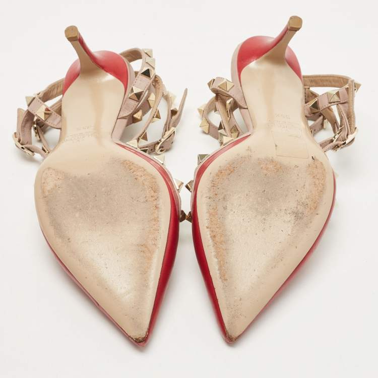 Pre Owned Valentino Red/Pink Leather Rockstud Ankle Strap Pumps Size 35.5