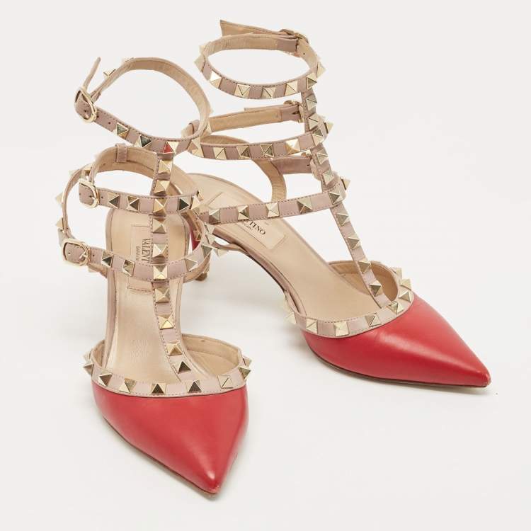 Pre Owned Valentino Red/Pink Leather Rockstud Ankle Strap Pumps Size 35.5