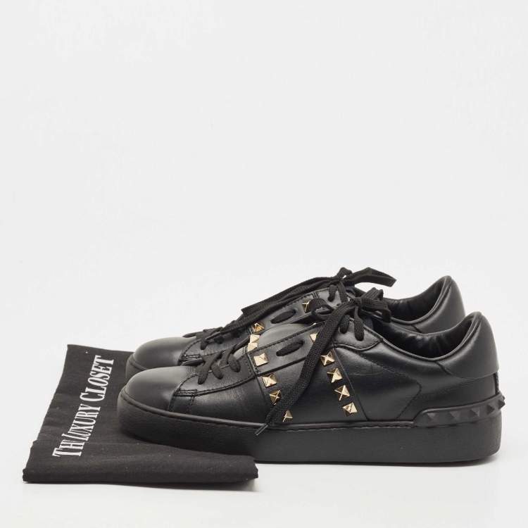 Pre Owned Valentino Black Leather Rockstud Low Top Sneakers Size 38