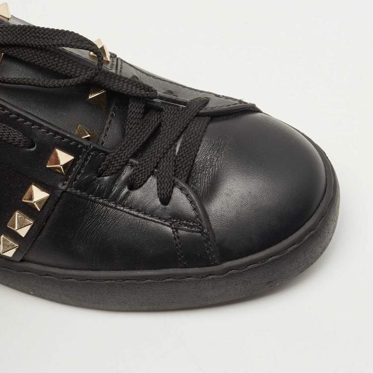 Pre Owned Valentino Black Leather Rockstud Low Top Sneakers Size 38
