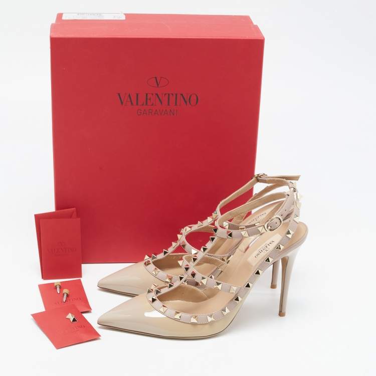 Pre Owned Valentino Beige Patent and Leather Rockstud Ankle Strap Pumps Size 41
