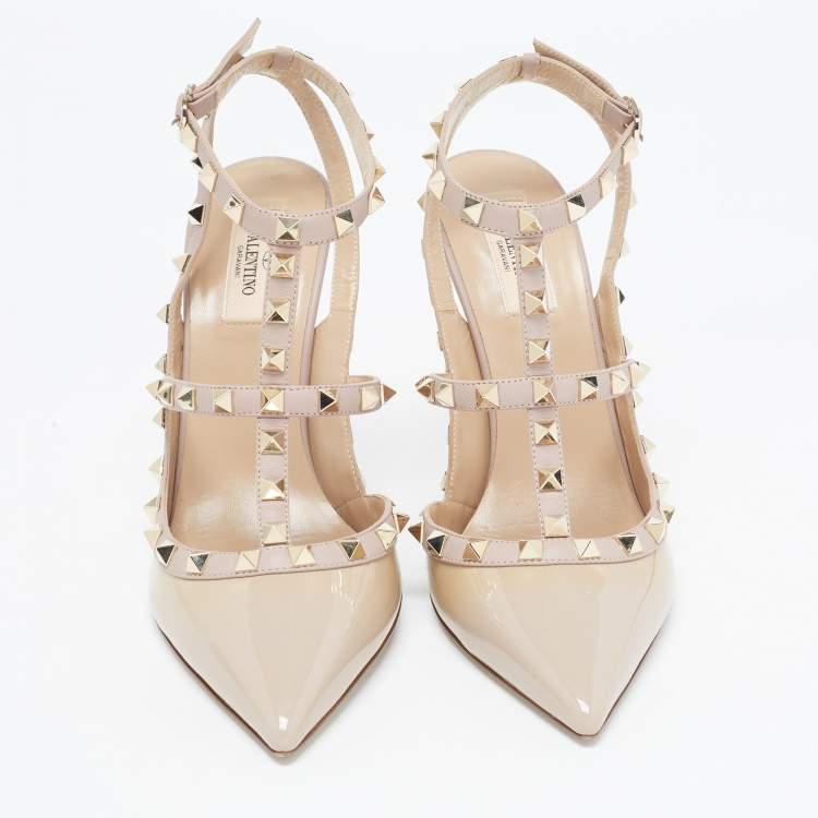 Pre Owned Valentino Beige Patent and Leather Rockstud Ankle Strap Pumps Size 41