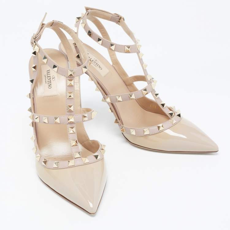 Pre Owned Valentino Beige Patent and Leather Rockstud Ankle Strap Pumps Size 41