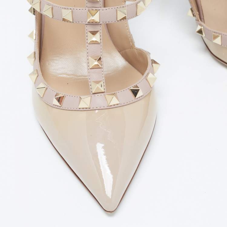 Pre Owned Valentino Beige Patent and Leather Rockstud Ankle Strap Pumps Size 41