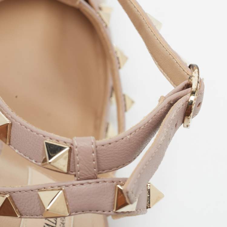 Pre Owned Valentino Beige Patent and Leather Rockstud Ankle Strap Pumps Size 41