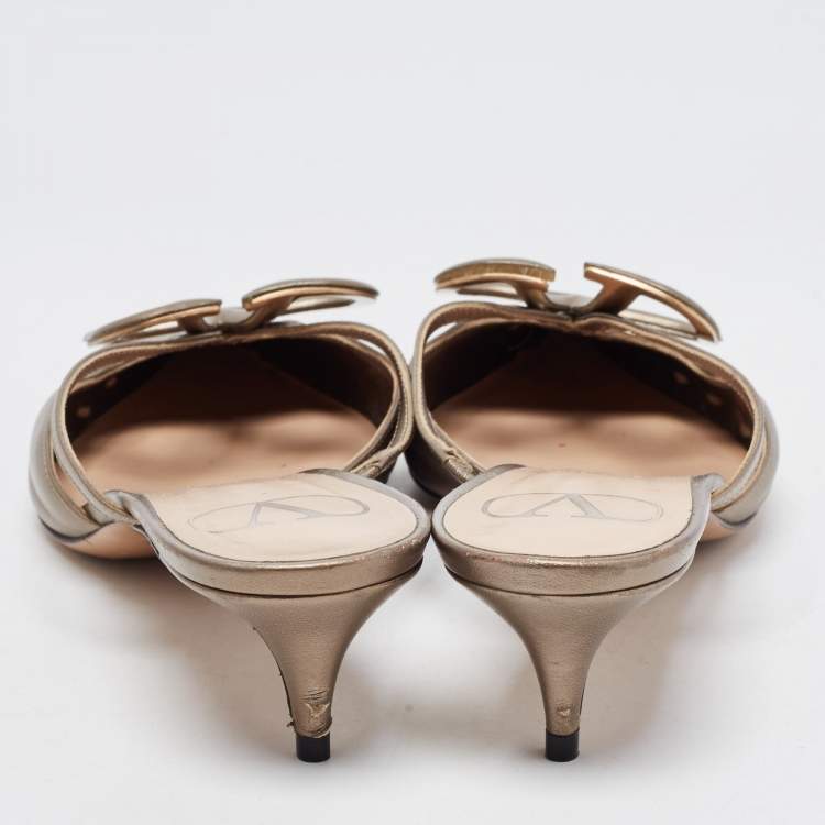 Pre Owned Valentino Metallic Leather V LOGO Mules Size 36.5