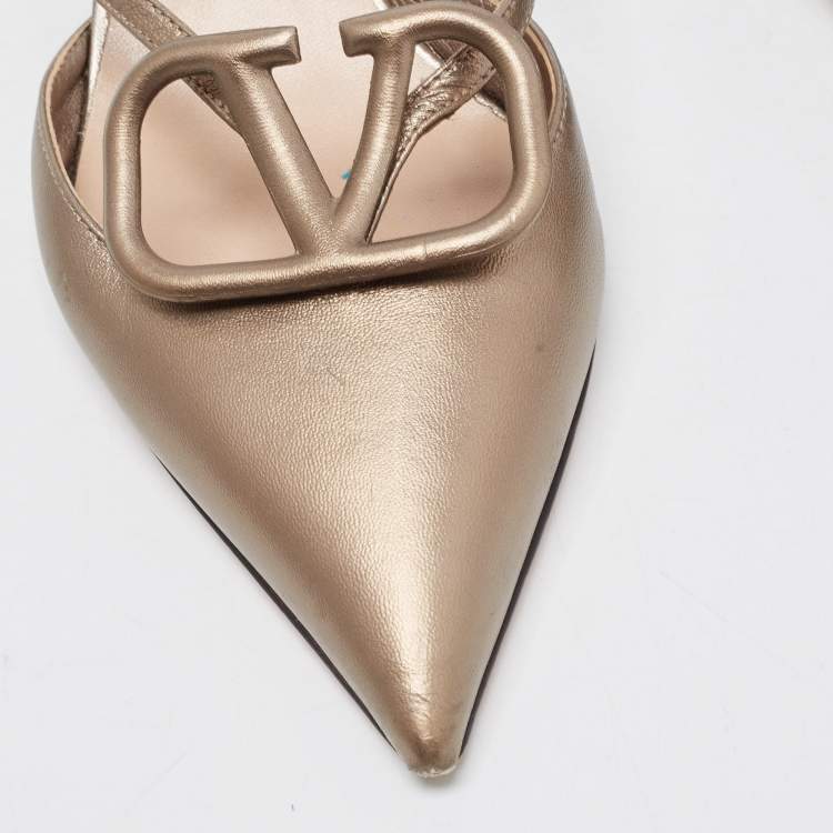 Pre Owned Valentino Metallic Leather V LOGO Mules Size 36.5