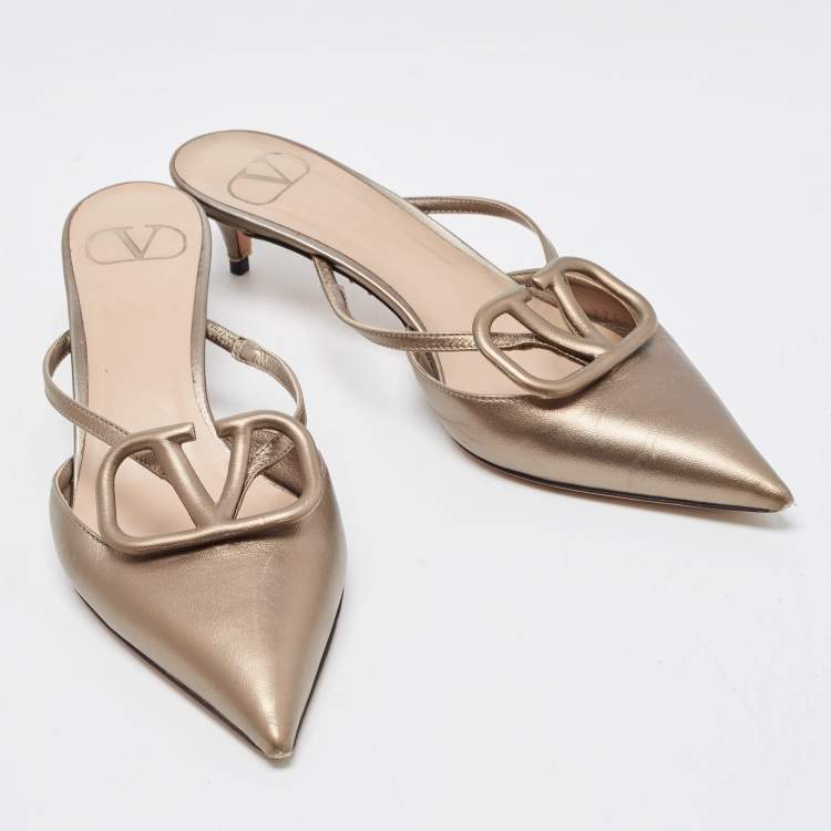 Pre Owned Valentino Metallic Leather V LOGO Mules Size 36.5