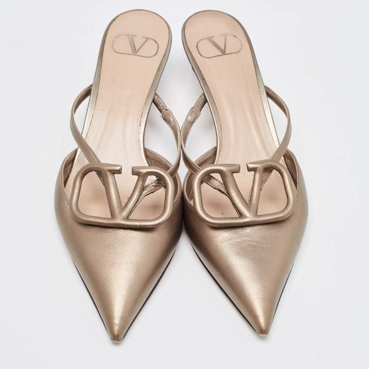 Pre Owned Valentino Metallic Leather V LOGO Mules Size 36.5