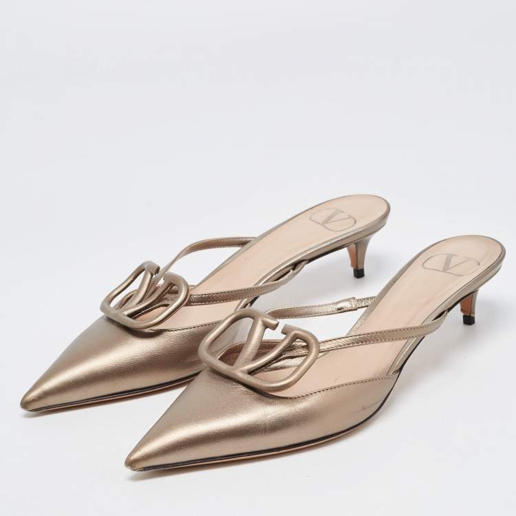 Pre Owned Valentino Metallic Leather V LOGO Mules Size 36.5