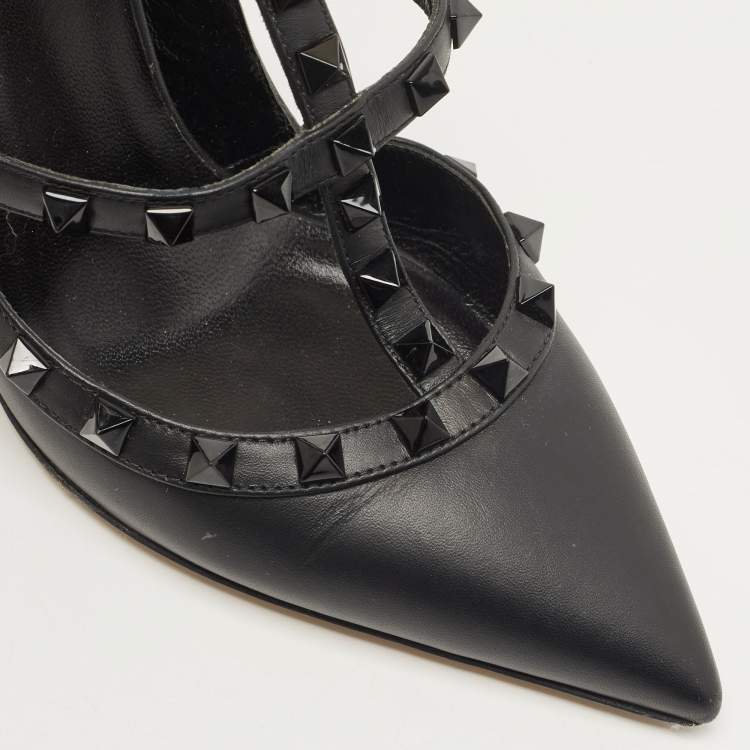 Pre Owned Valentino Black Leather Rockstud Ankle Strap Pumps Size 38