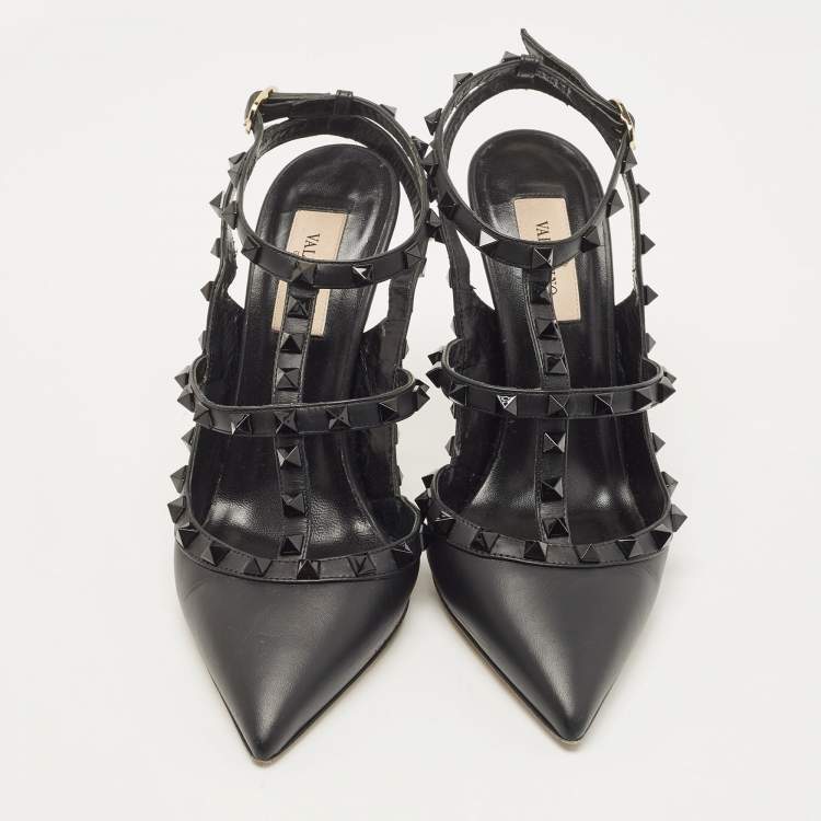 Pre Owned Valentino Black Leather Rockstud Ankle Strap Pumps Size 38