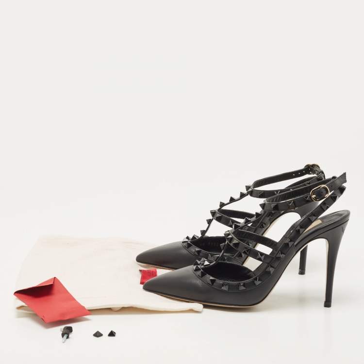 Pre Owned Valentino Black Leather Rockstud Ankle Strap Pumps Size 38