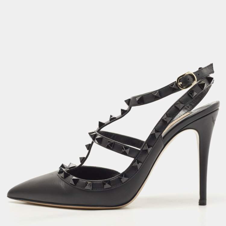 Pre Owned Valentino Black Leather Rockstud Ankle Strap Pumps Size 38