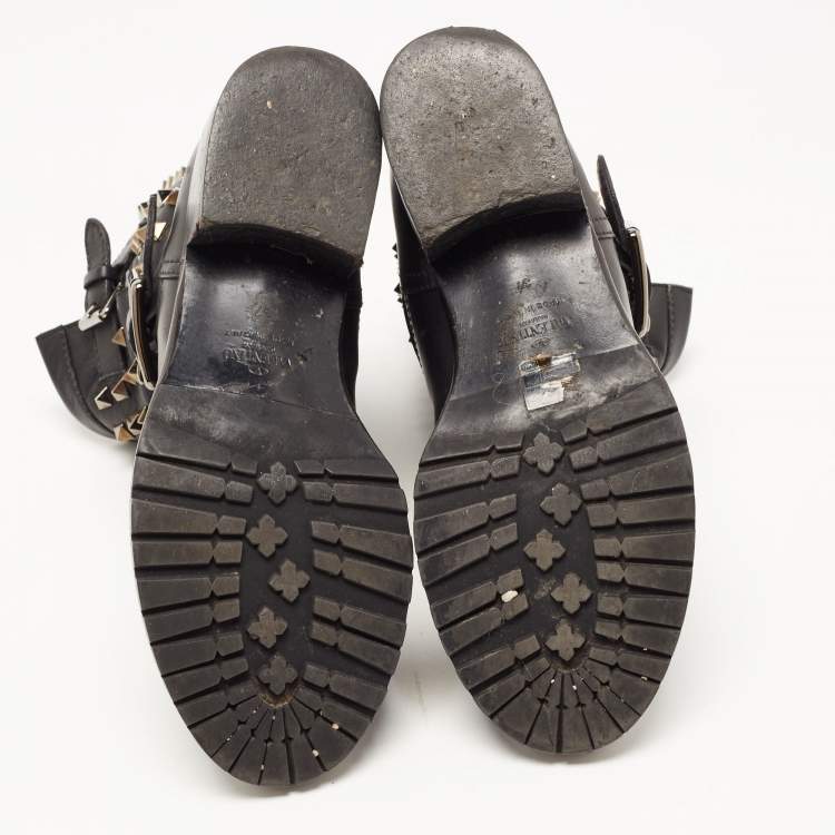 Pre Owned Valentino Black Leather Rockstud Ankle Boots Size 37
