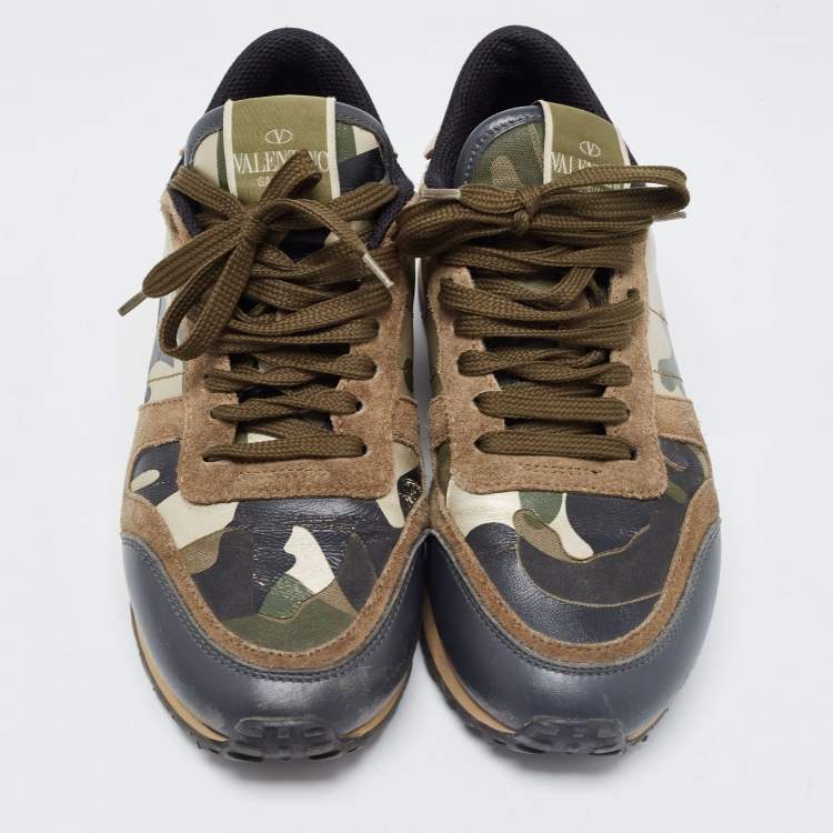 Pre Owned Valentino Multicolor Camo Print Leather and Suede Rockrunner Sneakers Size 37
