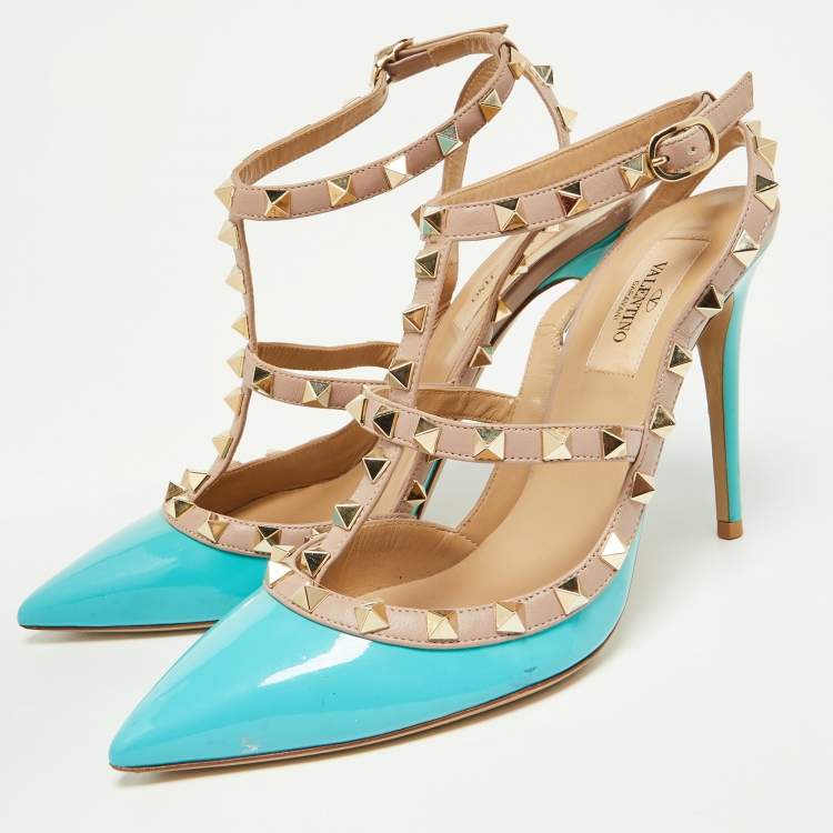 Pre Owned Valentino Green/Pink Patent Leather Rockstud Pumps Size 38.5