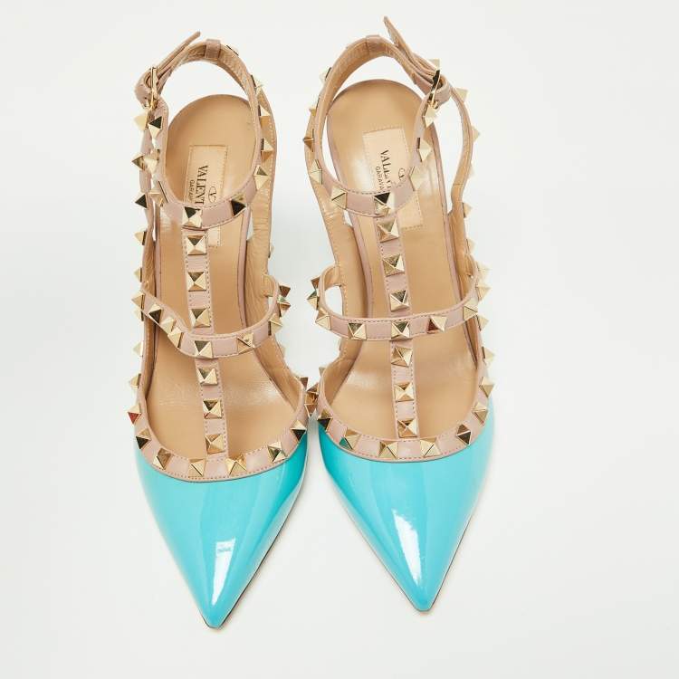 Pre Owned Valentino Green/Pink Patent Leather Rockstud Pumps Size 38.5