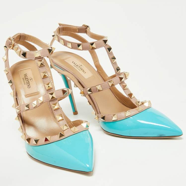 Pre Owned Valentino Green/Pink Patent Leather Rockstud Pumps Size 38.5