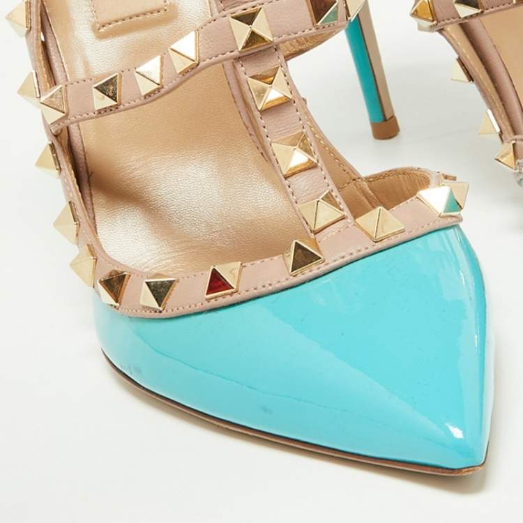 Pre Owned Valentino Green/Pink Patent Leather Rockstud Pumps Size 38.5