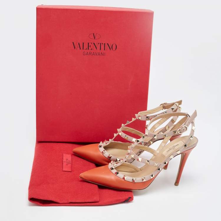 Pre Owned Valentino Orange/Beige  Leather Rockstud  Pumps Size 39.5