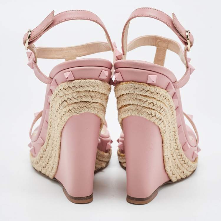 Pre Owned Valentino Pink Leather Rockstud  Wedge Sandals Size 40