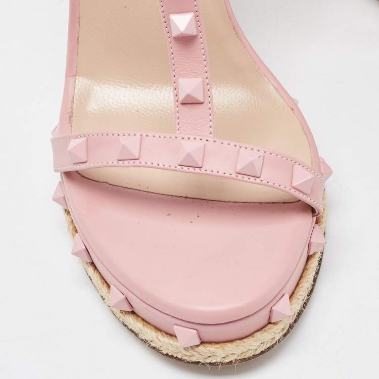 Pre Owned Valentino Pink Leather Rockstud  Wedge Sandals Size 40