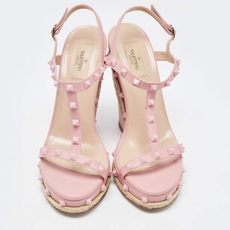 Pre Owned Valentino Pink Leather Rockstud  Wedge Sandals Size 40