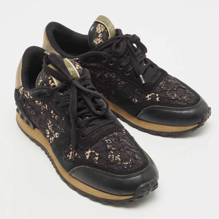 Pre Owned Valentino Black Leather and Suede Rockrunner Sneakers Size 37.5
