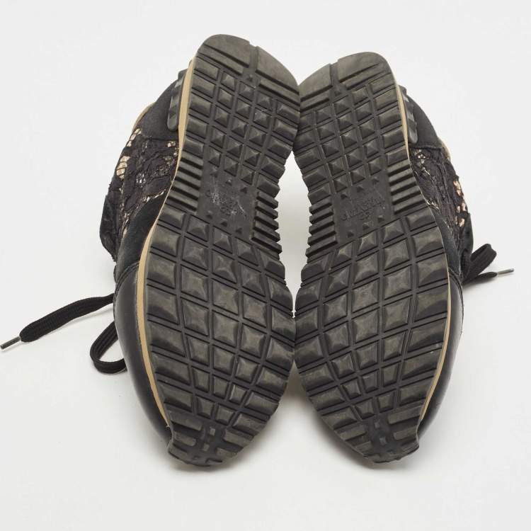 Pre Owned Valentino Black Leather and Suede Rockrunner Sneakers Size 37.5