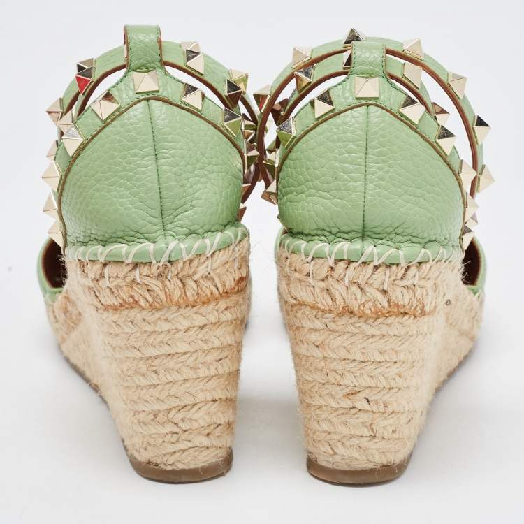 Pre Owned Valentino Green Leather Rockstud Ankle Wrap Wedge Espadrilles Size 38