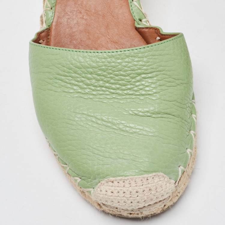 Pre Owned Valentino Green Leather Rockstud Ankle Wrap Wedge Espadrilles Size 38