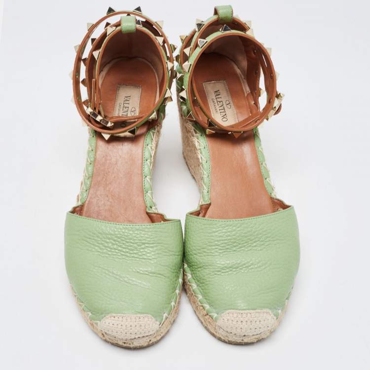 Pre Owned Valentino Green Leather Rockstud Ankle Wrap Wedge Espadrilles Size 38