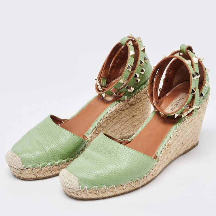 Pre Owned Valentino Green Leather Rockstud Ankle Wrap Wedge Espadrilles Size 38