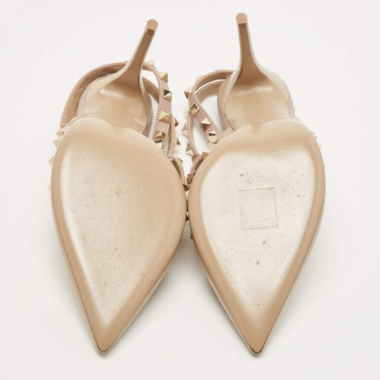 Pre Owned Valentino Beige Leather Rockstud Ankle Strap Pumps Size 40