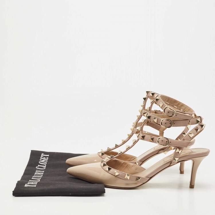 Pre Owned Valentino Two Tone Patent and Leather Rockstud Ankle Strap Pumps Size 37.5