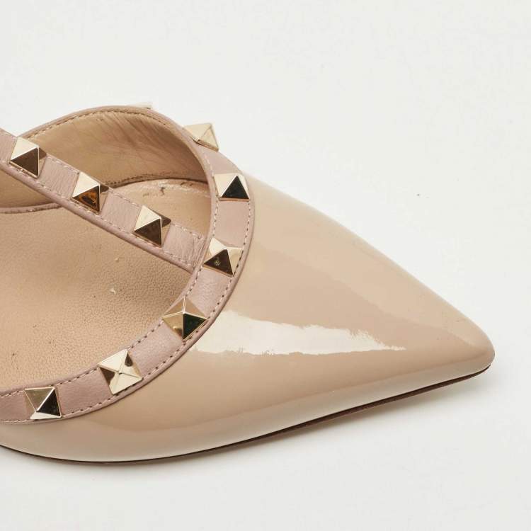 Pre Owned Valentino Two Tone Patent and Leather Rockstud Ankle Strap Pumps Size 37.5