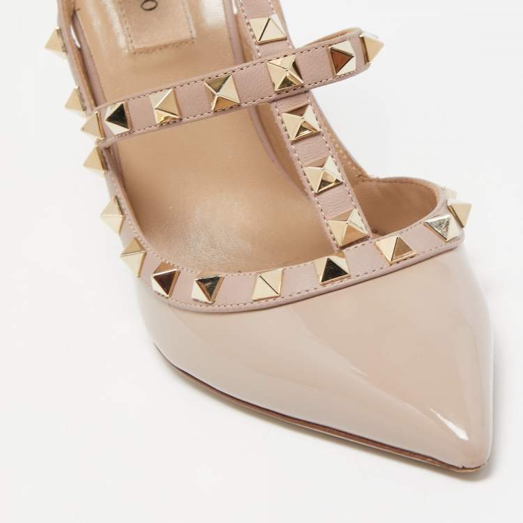 Pre Owned Valentino Beige Patent Leather Rockstud Slingback Pumps Size 37.5