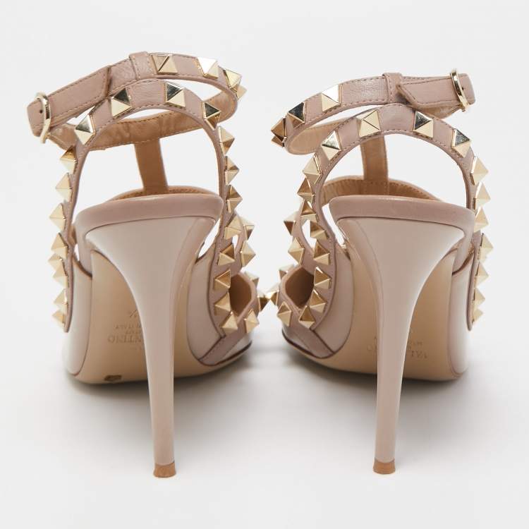 Pre Owned Valentino Beige Patent Leather Rockstud Slingback Pumps Size 37.5