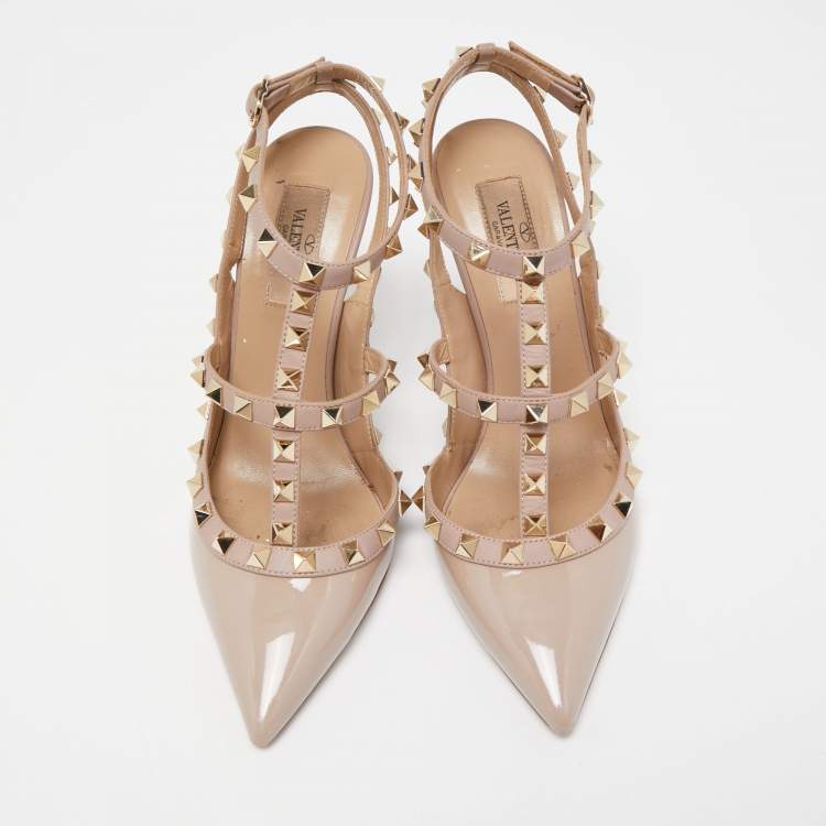 Pre Owned Valentino Beige Patent Leather Rockstud Slingback Pumps Size 37.5